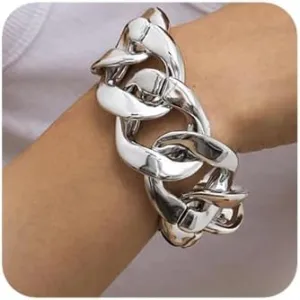 Fashion Boho Dainty Simple Silver Chain Bracelets Set for Women Adjustable Chunky Flat Cable Chain Punk Bracelets Jewelry for Women Gift (Silver)