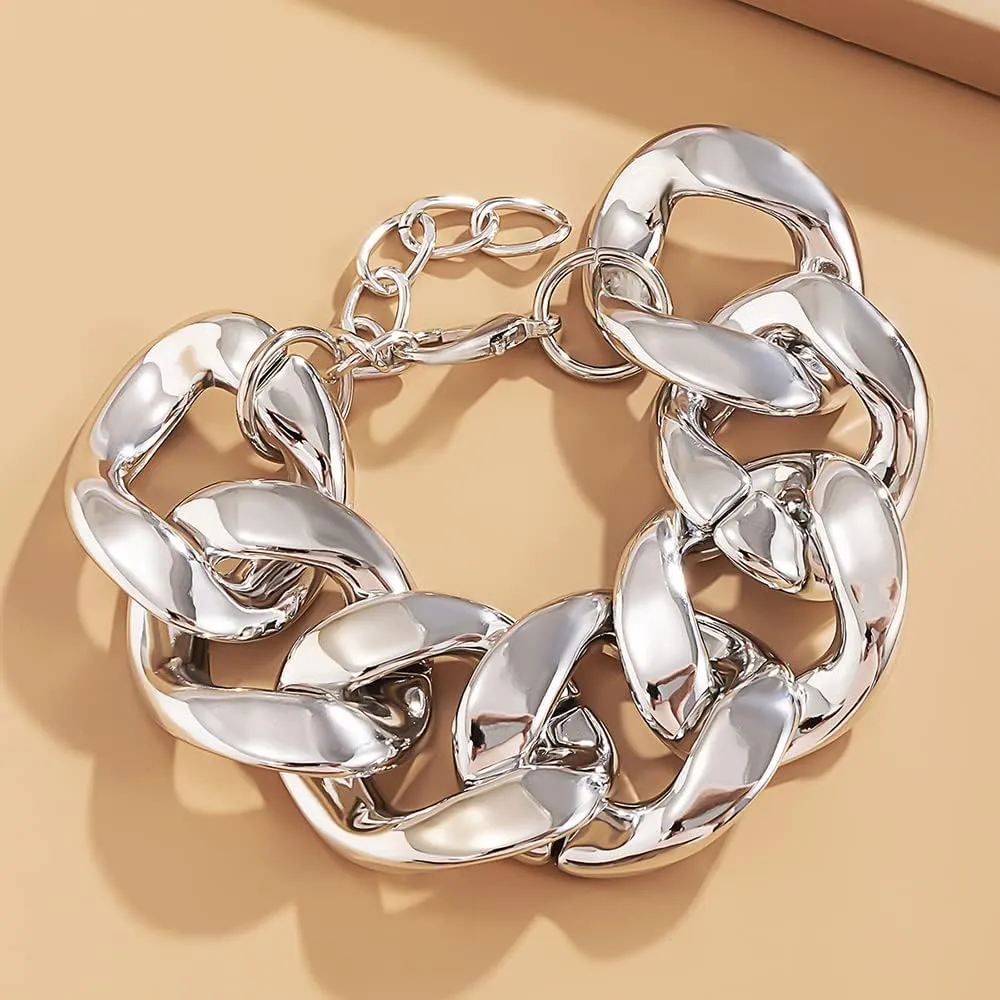 Fashion Boho Dainty Simple Silver Chain Bracelets Set for Women Adjustable Chunky Flat Cable Chain Punk Bracelets Jewelry for Women Gift (Silver)