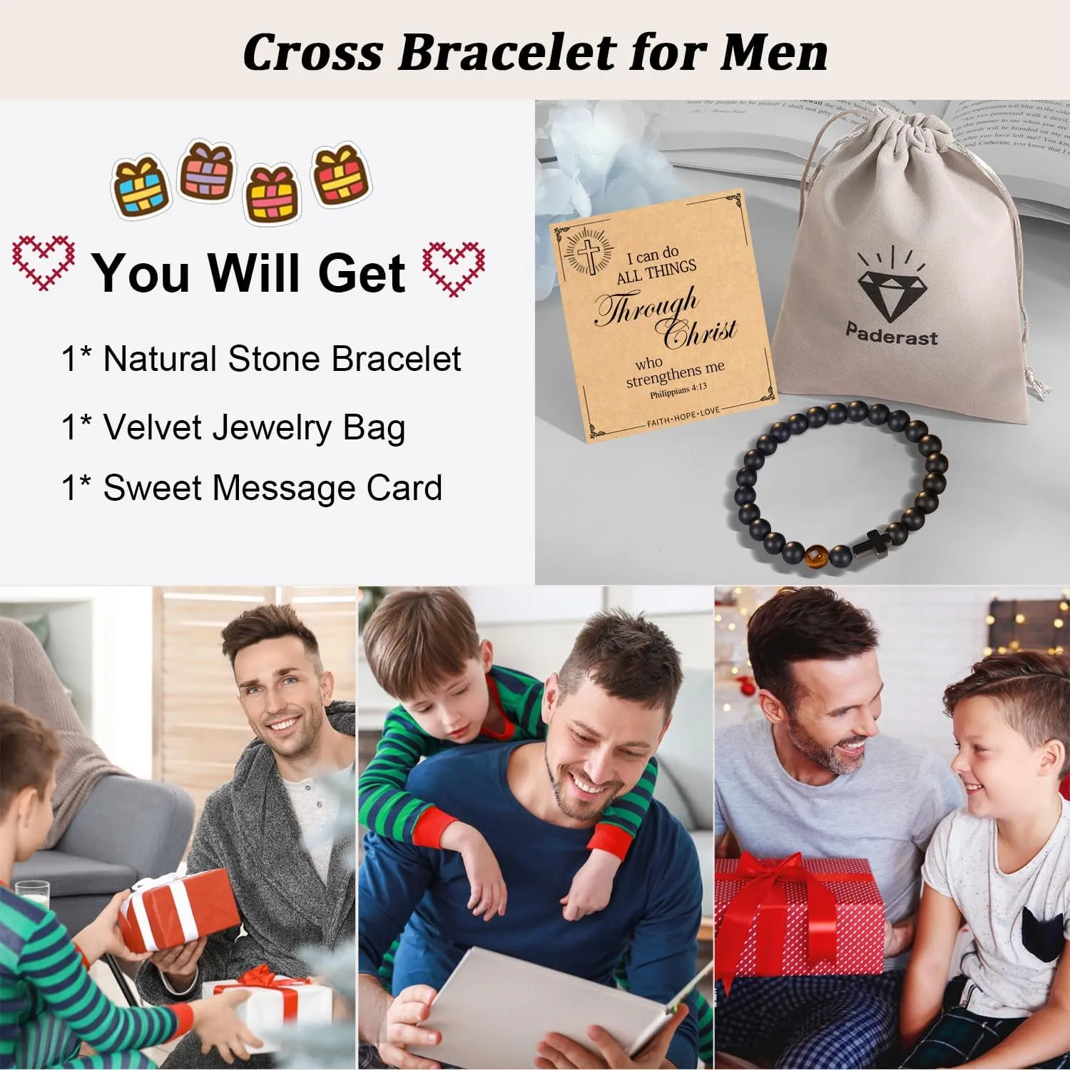 Father's Day Christian Gifts for Men Dad, Baptism Religious Cross Bracelet for Man Him Son Grandson Dad Father Brother Godfather Grandfather Grandpa Husband, Inspirational Faith Based Jesus Bracelets