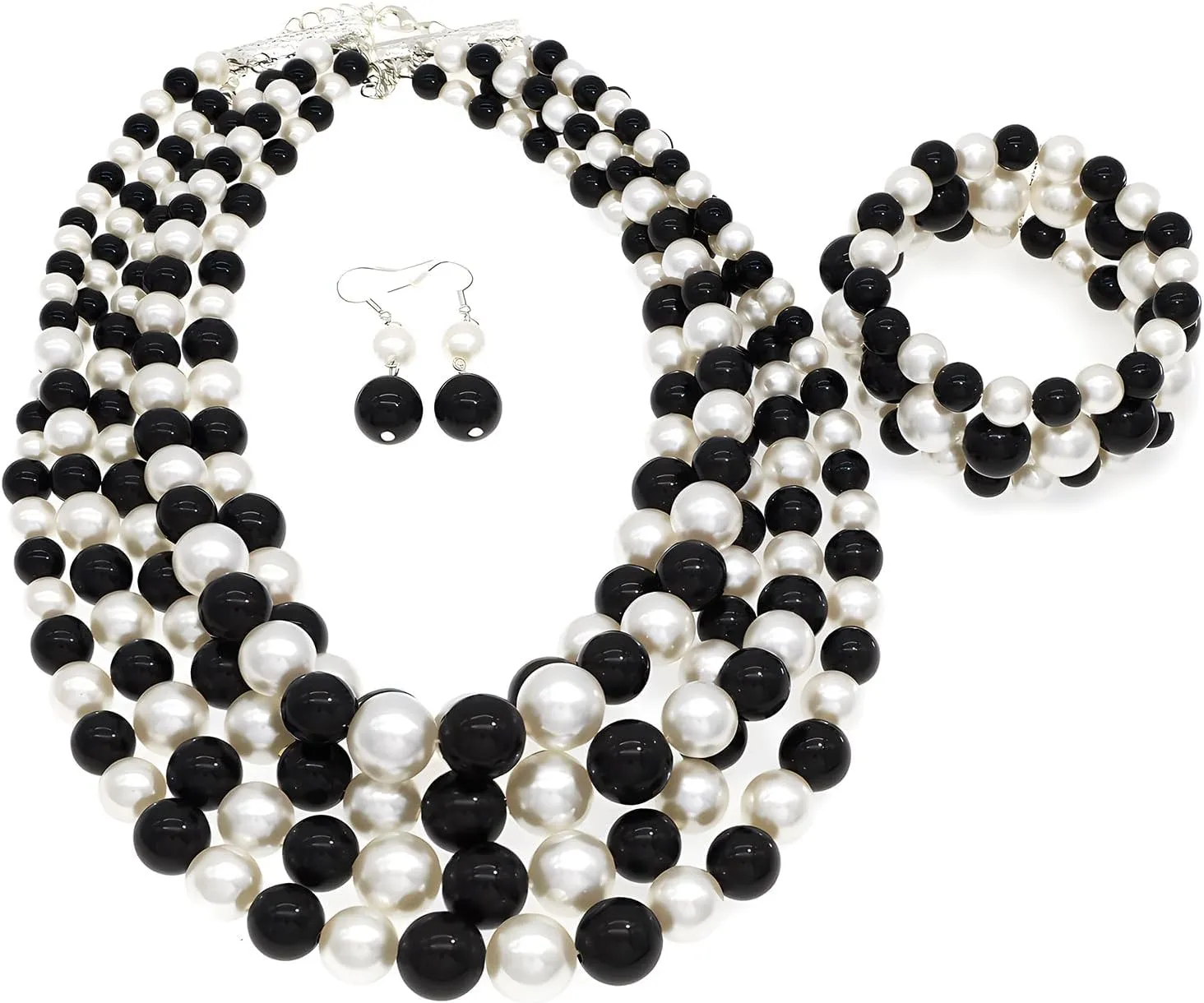 Faux Big Pearl Srand Necklaces for Women 5 Layers Pearls Choker Bib Collar Necklace Bracelet and Earrings set 1920s Costume Pearl Jewelry Bridal Wedding