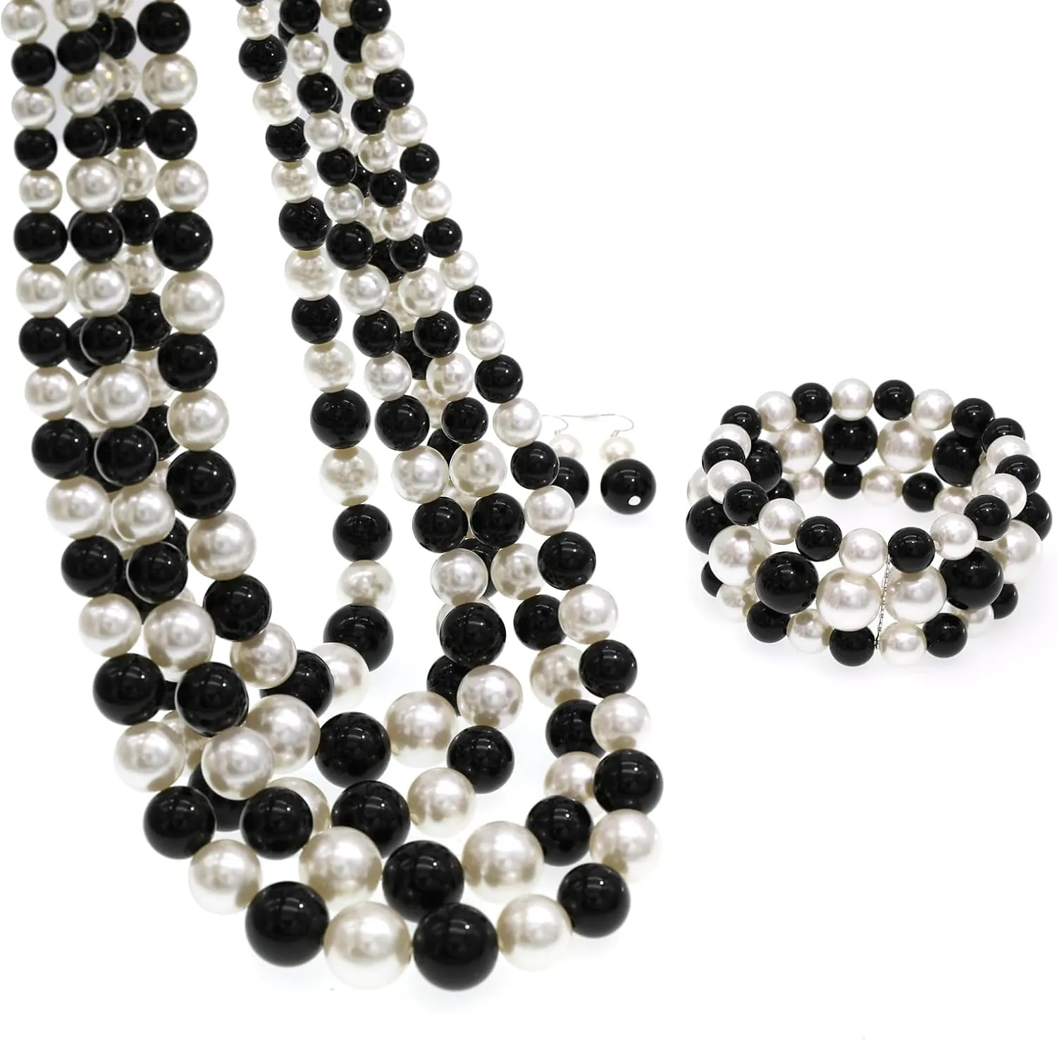 Faux Big Pearl Srand Necklaces for Women 5 Layers Pearls Choker Bib Collar Necklace Bracelet and Earrings set 1920s Costume Pearl Jewelry Bridal Wedding