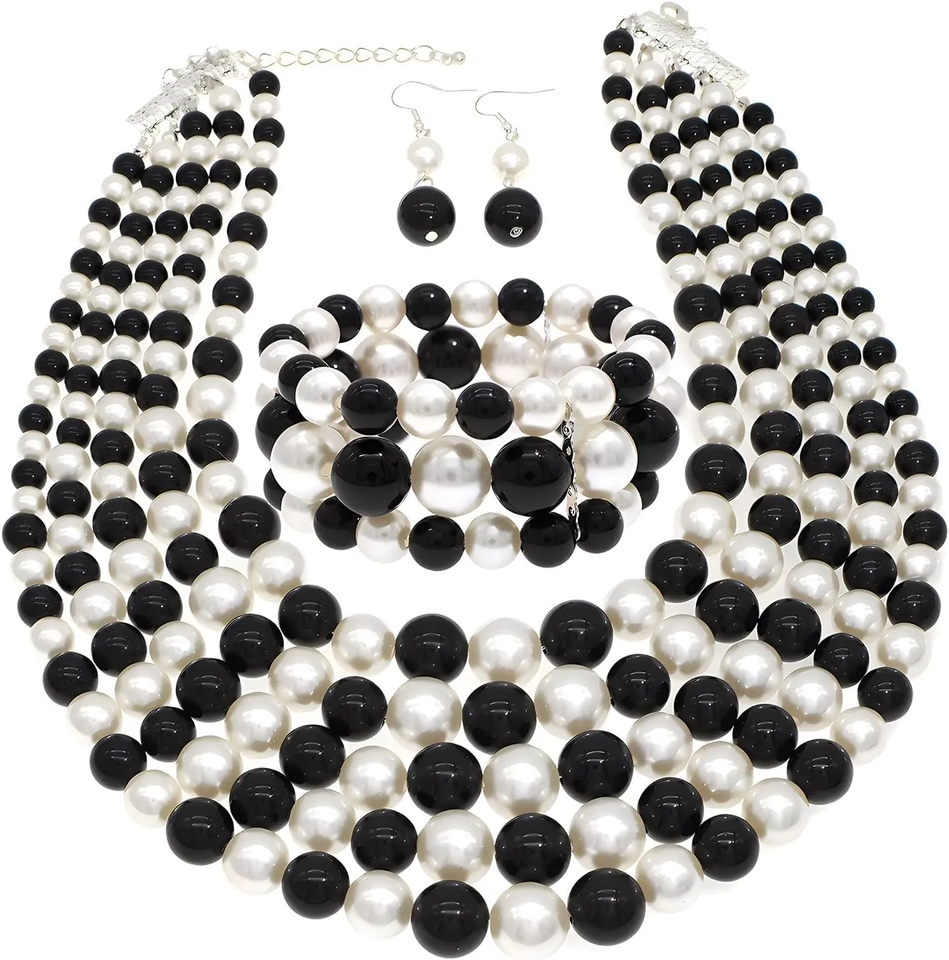 Faux Big Pearl Srand Necklaces for Women 5 Layers Pearls Choker Bib Collar Necklace Bracelet and Earrings set 1920s Costume Pearl Jewelry Bridal Wedding