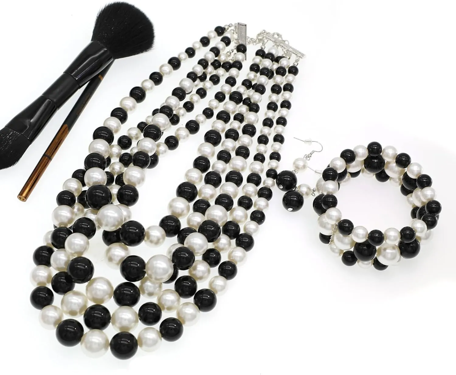 Faux Big Pearl Srand Necklaces for Women 5 Layers Pearls Choker Bib Collar Necklace Bracelet and Earrings set 1920s Costume Pearl Jewelry Bridal Wedding