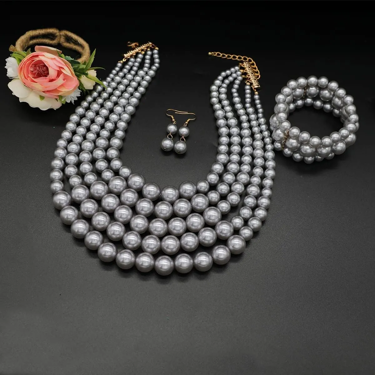 Faux Big Pearl Srand Necklaces for Women 5 Layers Pearls Choker Bib Collar Necklace Bracelet and Earrings set 1920s Costume Pearl Jewelry Bridal Wedding