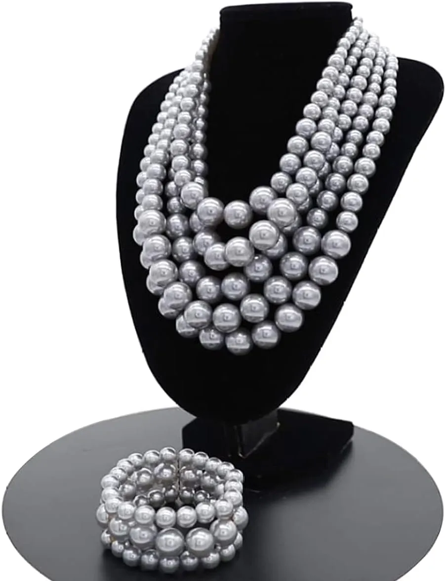 Faux Big Pearl Srand Necklaces for Women 5 Layers Pearls Choker Bib Collar Necklace Bracelet and Earrings set 1920s Costume Pearl Jewelry Bridal Wedding