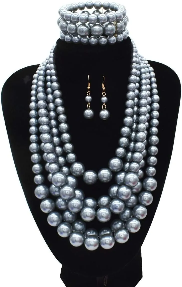 Faux Big Pearl Srand Necklaces for Women 5 Layers Pearls Choker Bib Collar Necklace Bracelet and Earrings set 1920s Costume Pearl Jewelry Bridal Wedding