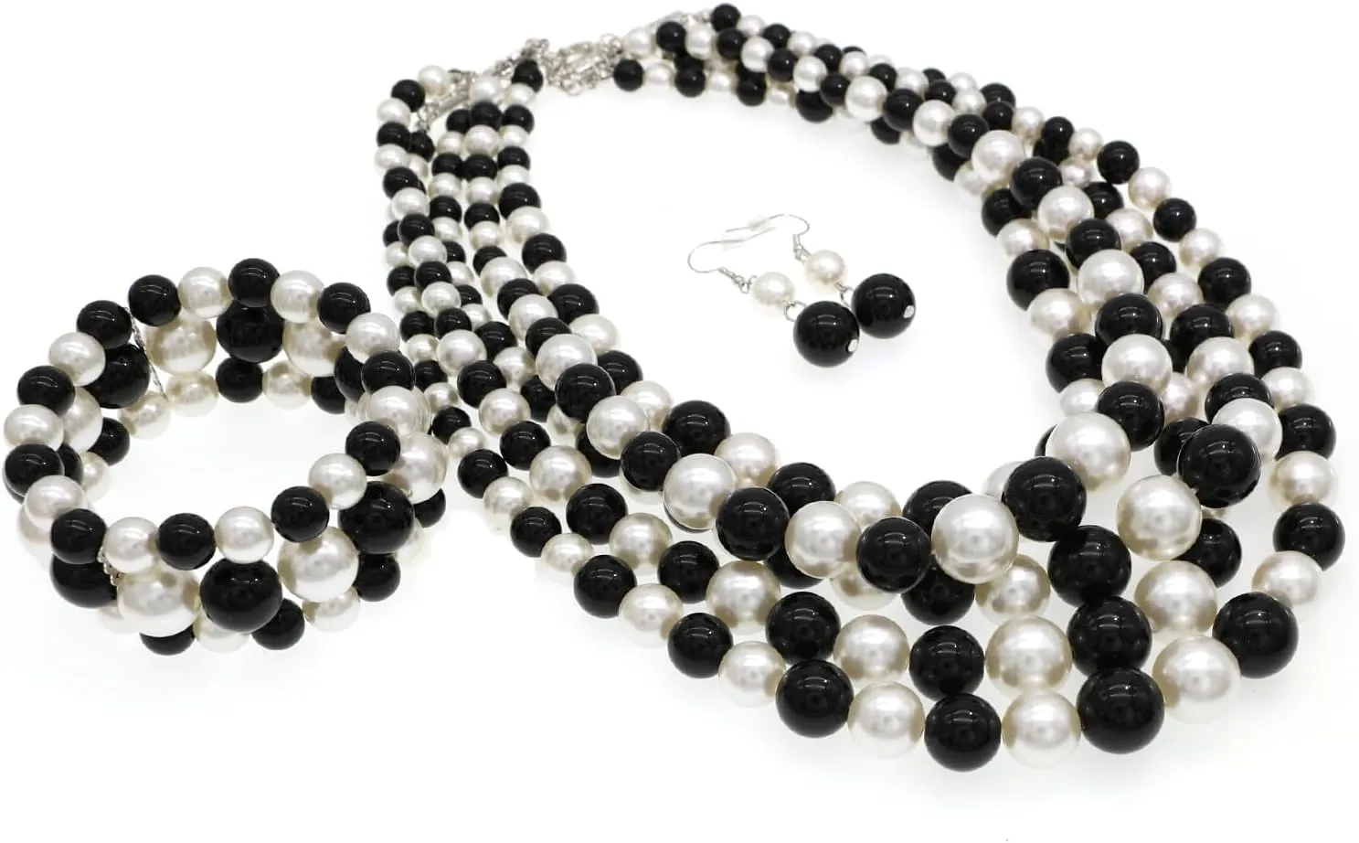 Faux Big Pearl Srand Necklaces for Women 5 Layers Pearls Choker Bib Collar Necklace Bracelet and Earrings set 1920s Costume Pearl Jewelry Bridal Wedding