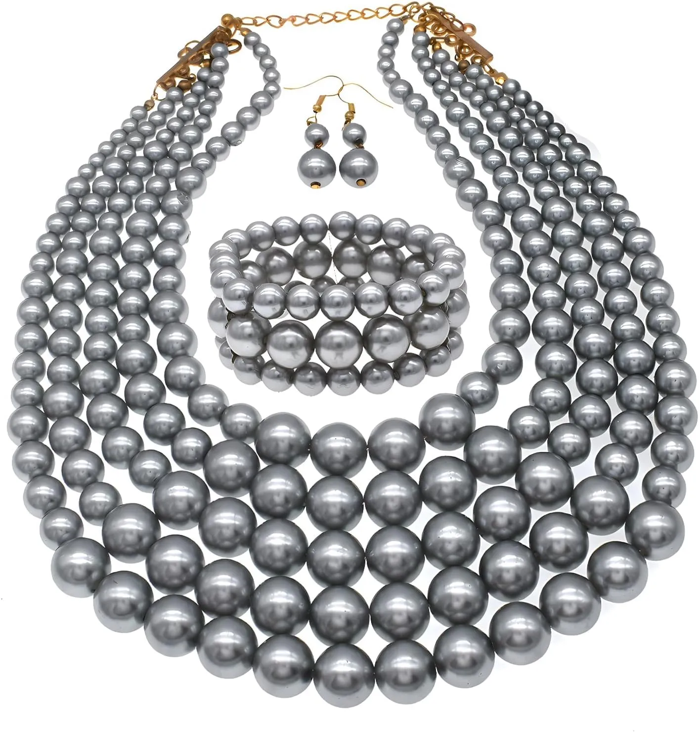 Faux Big Pearl Srand Necklaces for Women 5 Layers Pearls Choker Bib Collar Necklace Bracelet and Earrings set 1920s Costume Pearl Jewelry Bridal Wedding