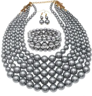 Faux Big Pearl Srand Necklaces for Women 5 Layers Pearls Choker Bib Collar Necklace Bracelet and Earrings set 1920s Costume Pearl Jewelry Bridal Wedding
