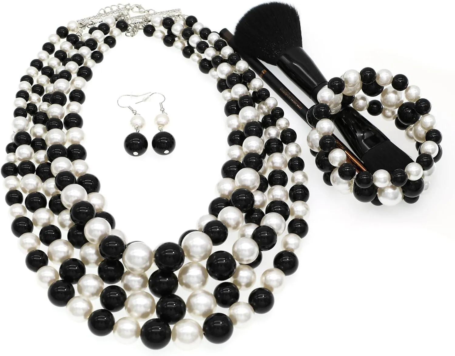 Faux Big Pearl Srand Necklaces for Women 5 Layers Pearls Choker Bib Collar Necklace Bracelet and Earrings set 1920s Costume Pearl Jewelry Bridal Wedding