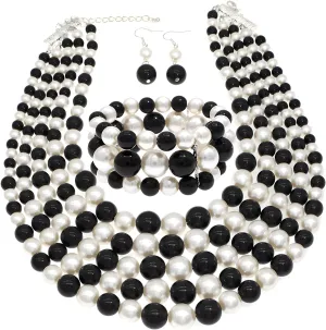 Faux Big Pearl Srand Necklaces for Women 5 Layers Pearls Choker Bib Collar Necklace Bracelet and Earrings set 1920s Costume Pearl Jewelry Bridal Wedding