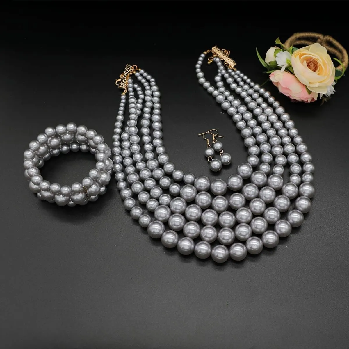 Faux Big Pearl Srand Necklaces for Women 5 Layers Pearls Choker Bib Collar Necklace Bracelet and Earrings set 1920s Costume Pearl Jewelry Bridal Wedding