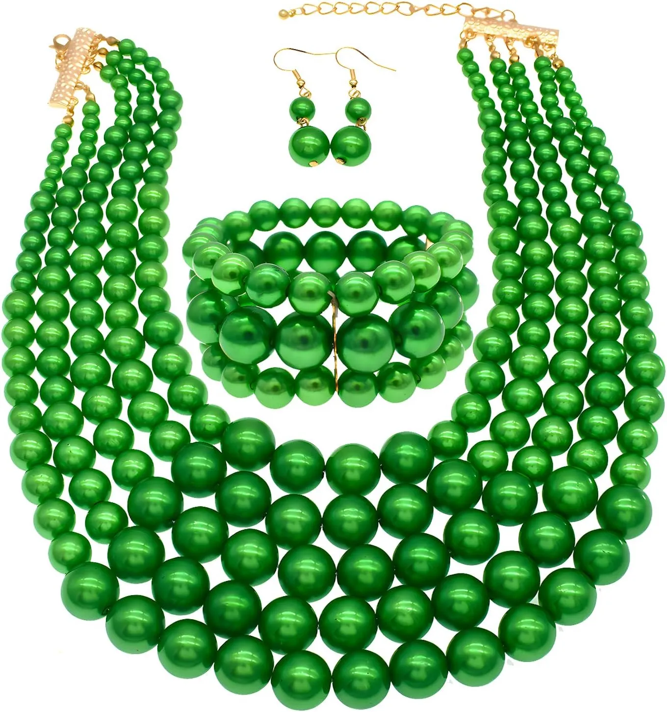 Faux Big Pearl Strand Necklaces for Women - 5 Layers Bib Collar Necklace, Bracelet and Earrings Set - 1920s Costume Jewelry for Bridal Wedding Gift (Green)