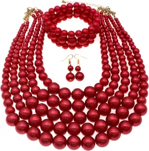 Faux Big Pearl Strand Necklaces for Women - 5 Layers Bib Collar Necklace, Bracelet and Earrings Set - 1920s Costume Jewelry for Bridal Wedding Gift (Red)