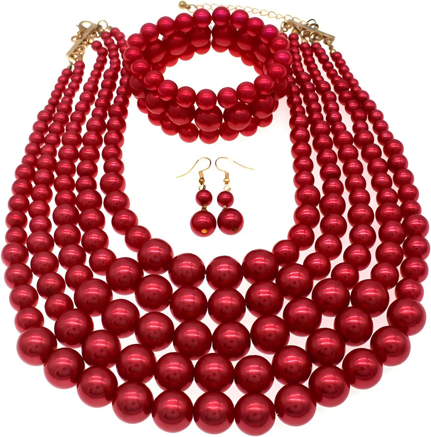 Faux Big Pearl Strand Necklaces for Women - 5 Layers Bib Collar Necklace, Bracelet and Earrings Set - 1920s Costume Jewelry for Bridal Wedding Gift (Red)