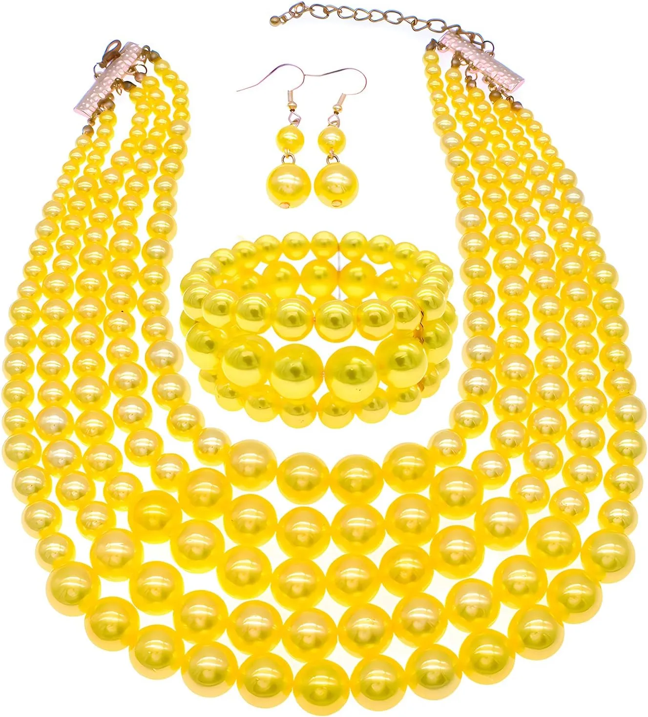 Faux Big Pearl Strand Necklaces for Women - 5 Layers Bib Collar Necklace, Bracelet and Earrings Set - 1920s Costume Jewelry for Bridal Wedding Gift (Yellow)