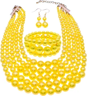 Faux Big Pearl Strand Necklaces for Women - 5 Layers Bib Collar Necklace, Bracelet and Earrings Set - 1920s Costume Jewelry for Bridal Wedding Gift (Yellow)