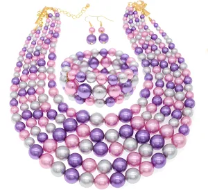 Faux Big Pearl Strand Necklaces for Women - 5 Layers Bib Collar Necklace, Bracelet and Earrings Set - 1920s Costume Jewelry for Bridal Wedding Gift