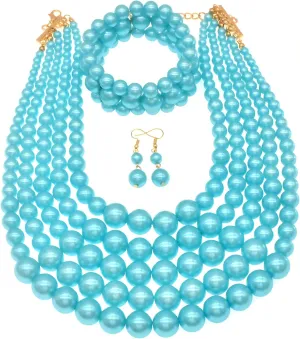 Faux Big Pearl Strand Necklaces for Women - 5 Layers Bib Collar Necklace, Bracelet and Earrings Set - 1920s Costume Jewelry for Bridal Wedding Gift