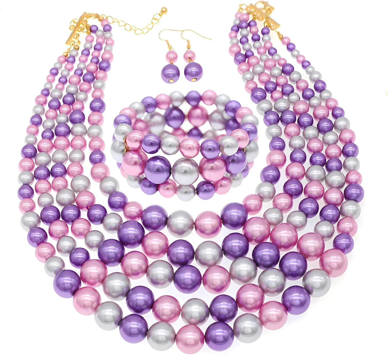 Faux Big Pearl Strand Necklaces for Women - 5 Layers Bib Collar Necklace, Bracelet and Earrings Set - 1920s Costume Jewelry for Bridal Wedding Gift