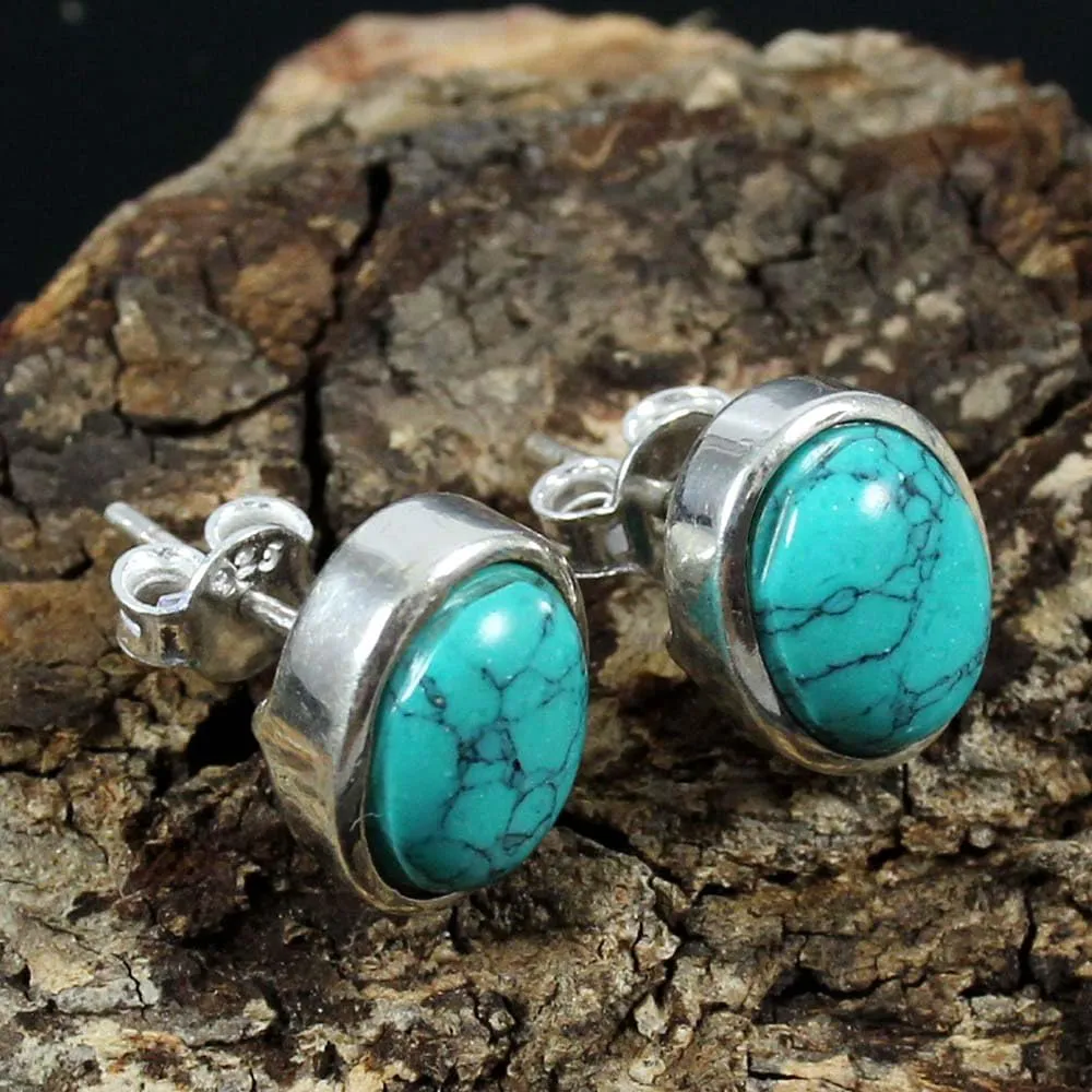 Fine Sterling Silver Ear Stud For Womens Turquoise Ear Stud Sterling Silver Ear Stud December Birthstone Bezel Set Gemstone Art Deco Stud Earrings