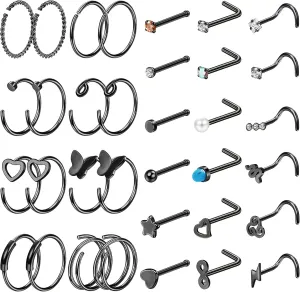FINREZIO 34PCS 22g Nose Rings - Women & Men Surgical Steel Nose Piercings - Hoops, L-Shaped, Stud, Screw - Hypoallergenic Body Jewelry