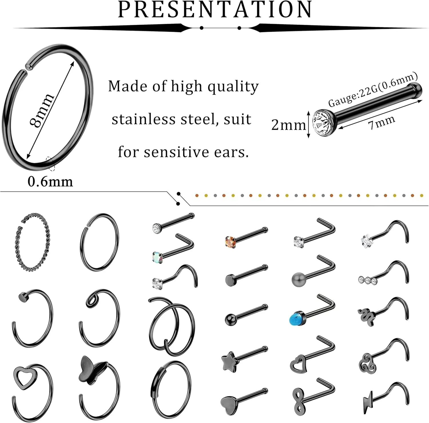 FINREZIO 34PCS 22g Nose Rings - Women & Men Surgical Steel Nose Piercings - Hoops, L-Shaped, Stud, Screw - Hypoallergenic Body Jewelry