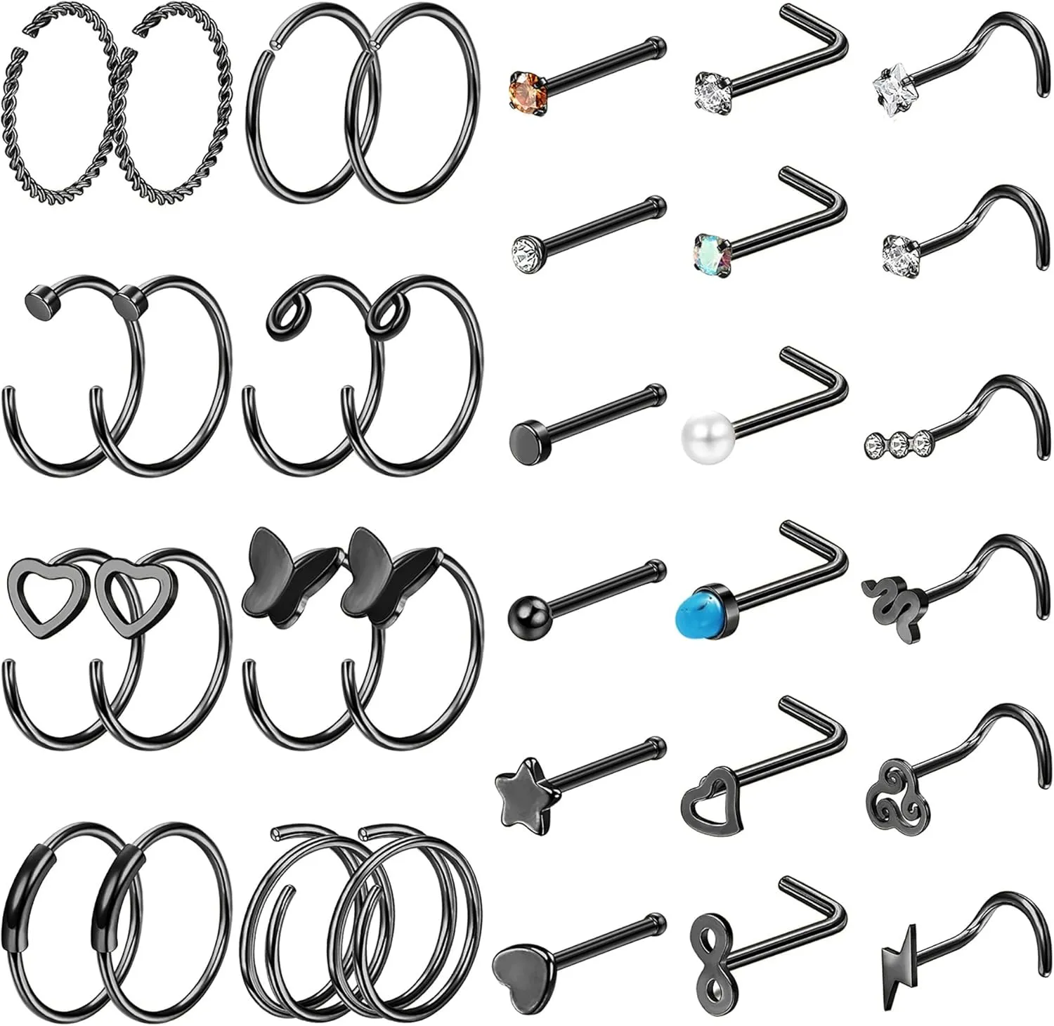 FINREZIO 34PCS 22g Nose Rings - Women & Men Surgical Steel Nose Piercings - Hoops, L-Shaped, Stud, Screw - Hypoallergenic Body Jewelry