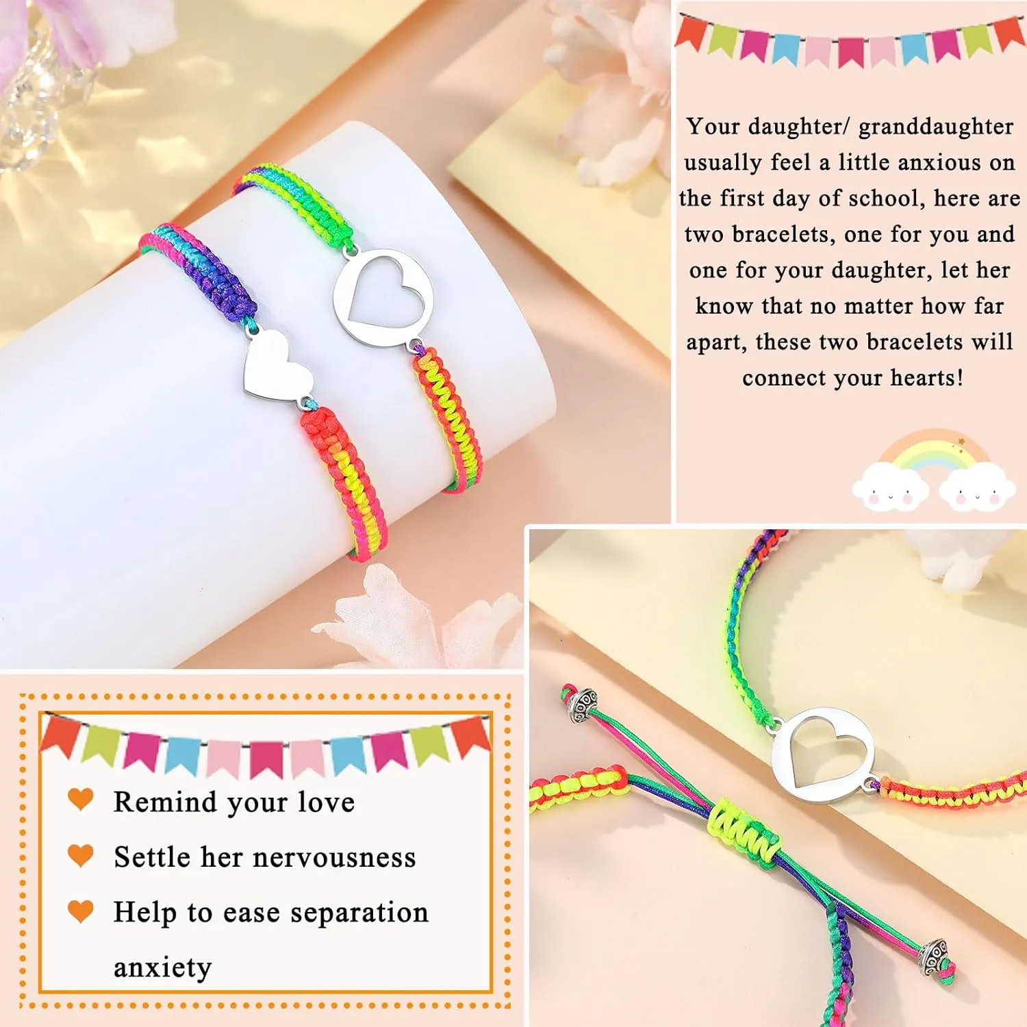First Day of Kindergarten/Pre K Mother Daughter Bracelets Matching Heart Wish Bracelet Set for 2 Gifts