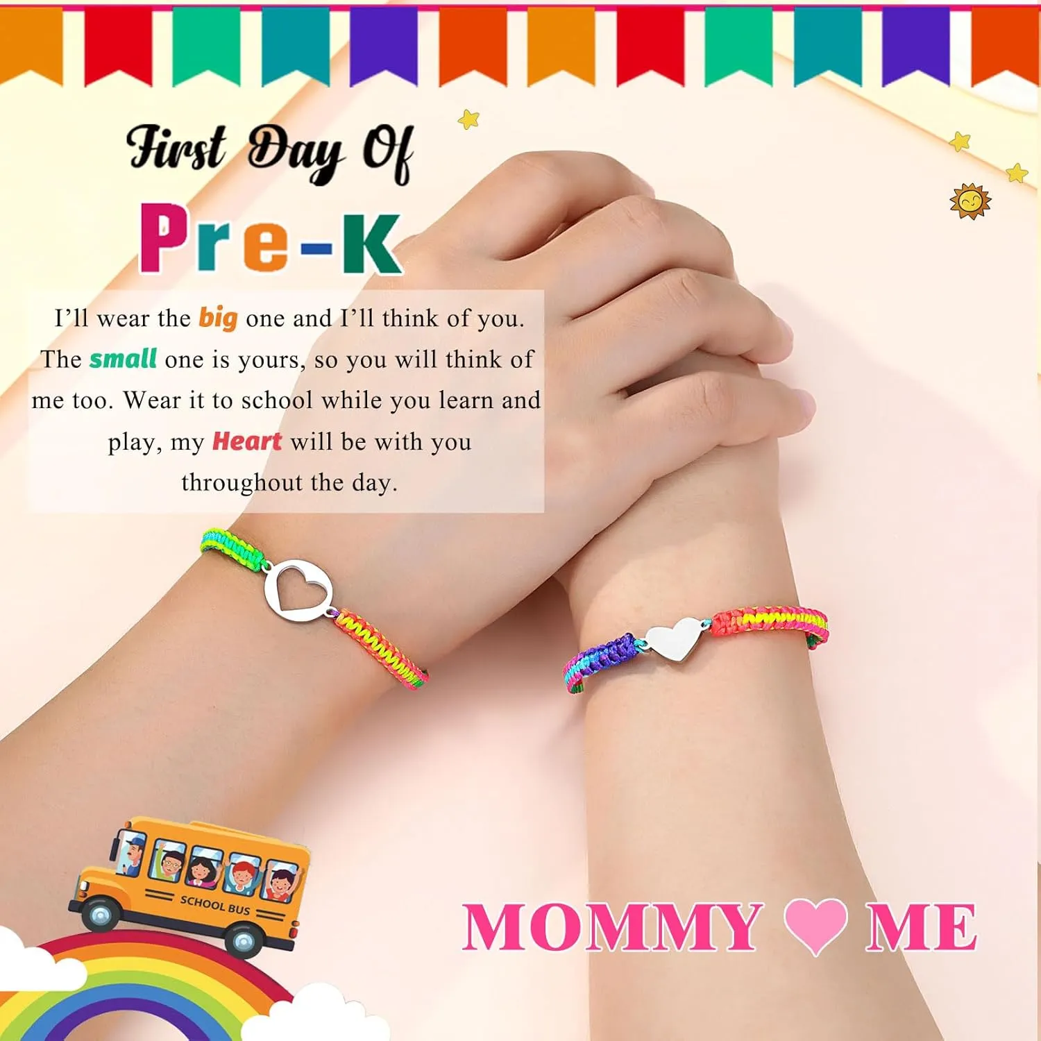 First Day of Kindergarten/Pre K Mother Daughter Bracelets Matching Heart Wish Bracelet Set for 2 Gifts