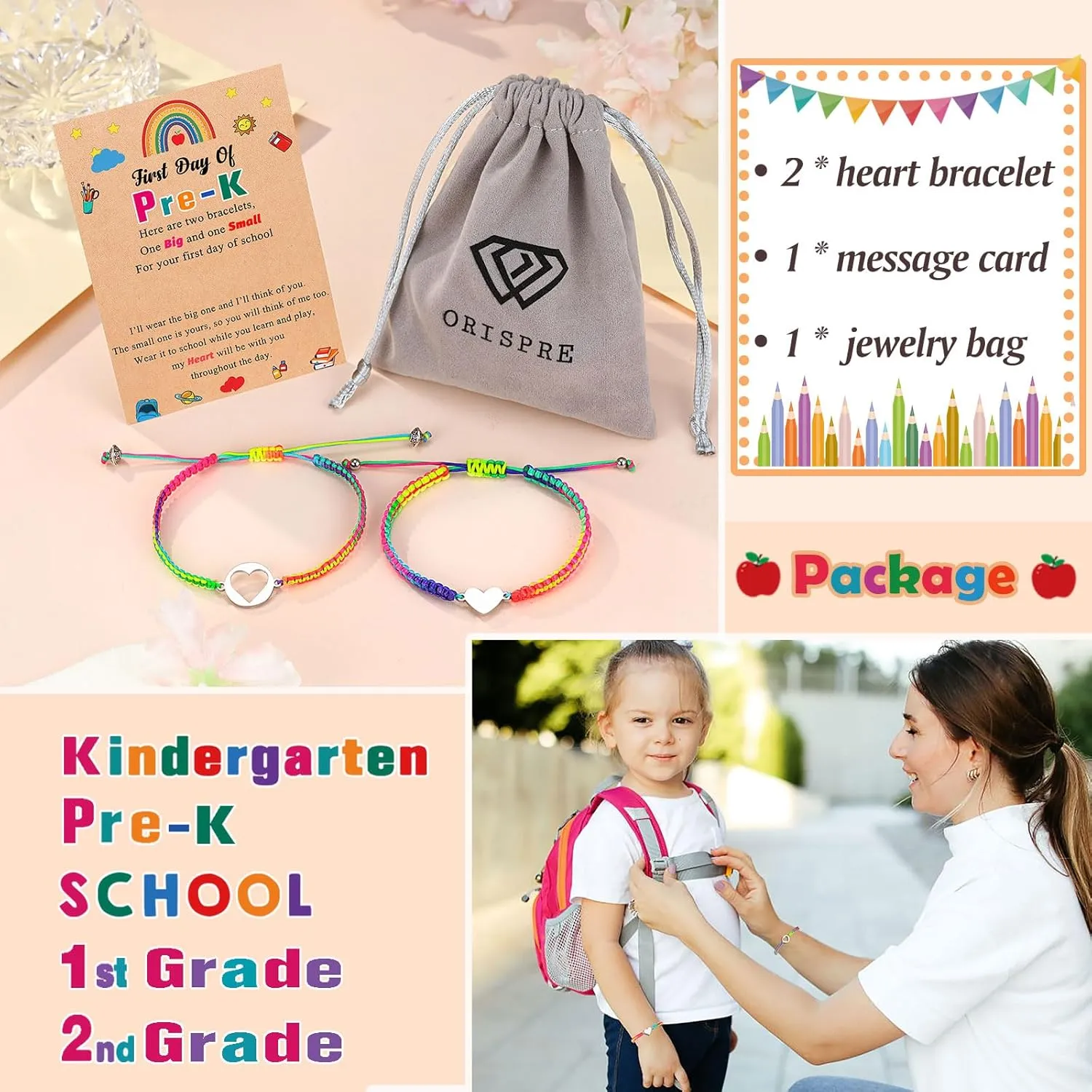 First Day of Kindergarten/Pre K Mother Daughter Bracelets Matching Heart Wish Bracelet Set for 2 Gifts