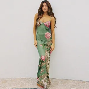 Floral Print Sleeveless V-Neck Slim Long Dress for Summer Beach Party Club Wear