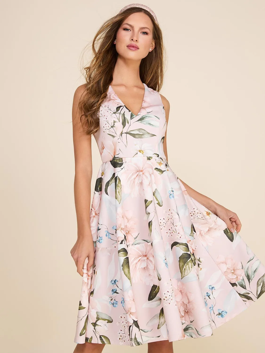 Floral Printed V-Neck Fit & Flare Midi Dress