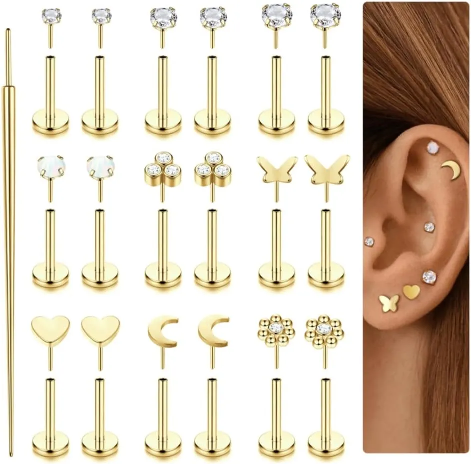 Florideco Threadless Nose Rings Studs for Women Men 316L Surgical Steel Push in Flat Back Stud Earrings CZ Lip Labret Cartilage Earring Medusa Nostril Helix Tragus Piercing Jewelry 20G 18G 16G