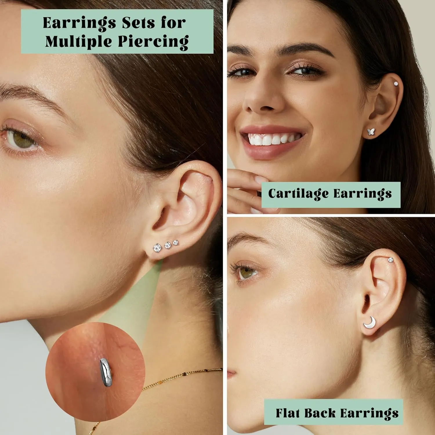 Florideco Threadless Nose Rings Studs for Women Men 316L Surgical Steel Push in Flat Back Stud Earrings CZ Lip Labret Cartilage Earring Medusa Nostril Helix Tragus Piercing Jewelry 20G 18G 16G