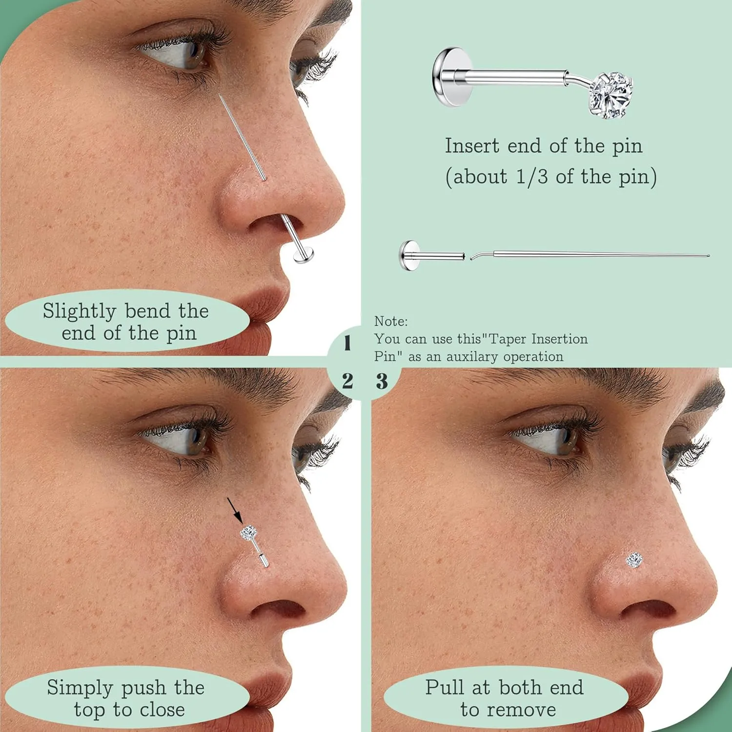 Florideco Threadless Nose Rings Studs for Women Men 316L Surgical Steel Push in Flat Back Stud Earrings CZ Lip Labret Cartilage Earring Medusa Nostril Helix Tragus Piercing Jewelry 20G 18G 16G