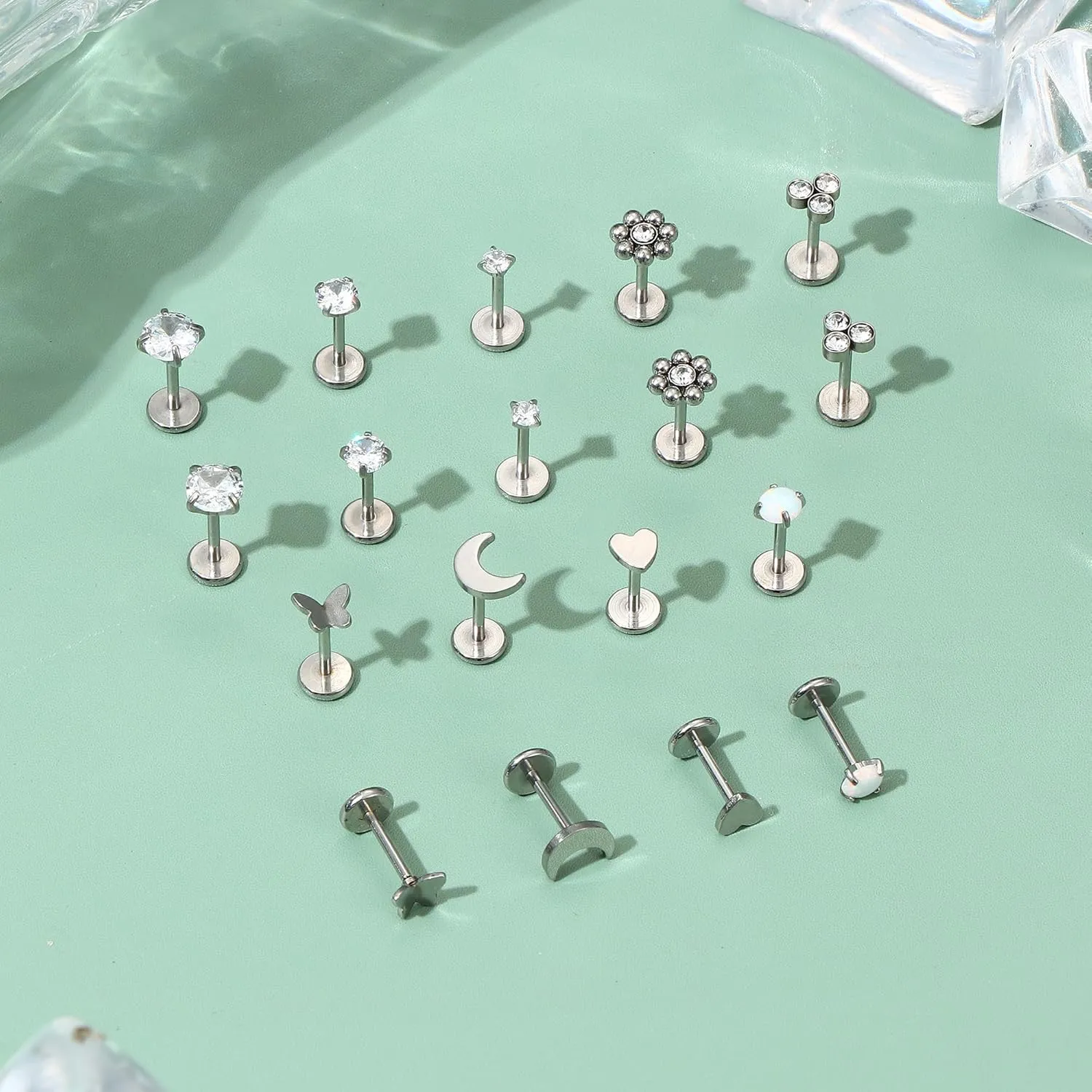 Florideco Threadless Nose Rings Studs for Women Men 316L Surgical Steel Push in Flat Back Stud Earrings CZ Lip Labret Cartilage Earring Medusa Nostril Helix Tragus Piercing Jewelry 20G 18G 16G