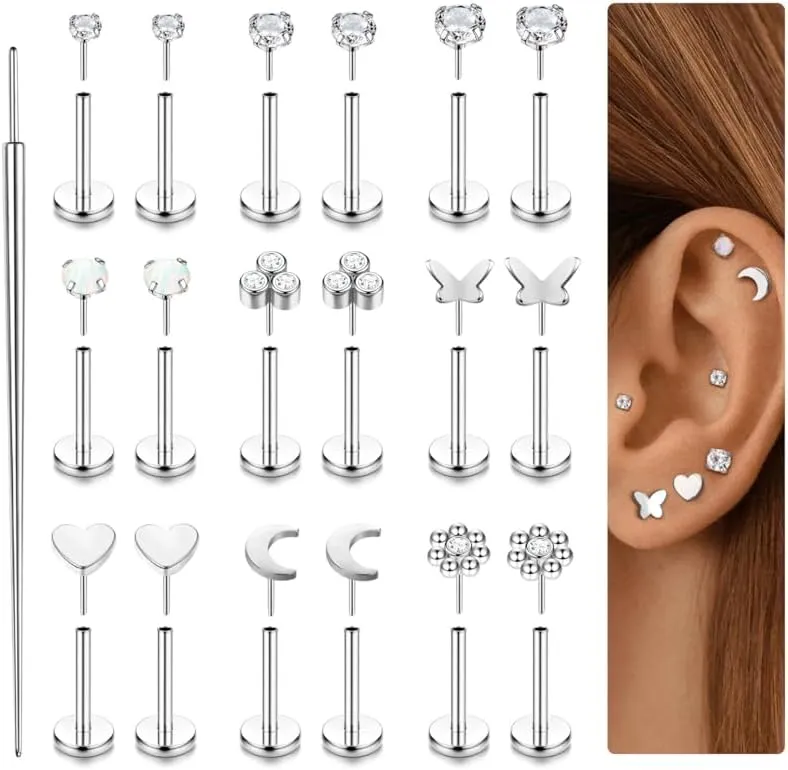 Florideco Threadless Nose Rings Studs for Women Men 316L Surgical Steel Push in Flat Back Stud Earrings CZ Lip Labret Cartilage Earring Medusa Nostril Helix Tragus Piercing Jewelry 20G 18G 16G