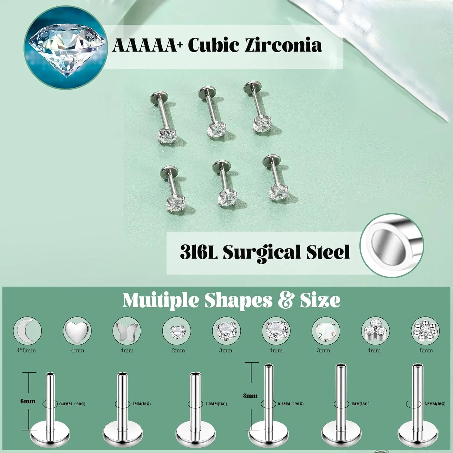 Florideco Threadless Nose Rings Studs for Women Men 316L Surgical Steel Push in Flat Back Stud Earrings CZ Lip Labret Cartilage Earring Medusa Nostril Helix Tragus Piercing Jewelry 20G 18G 16G