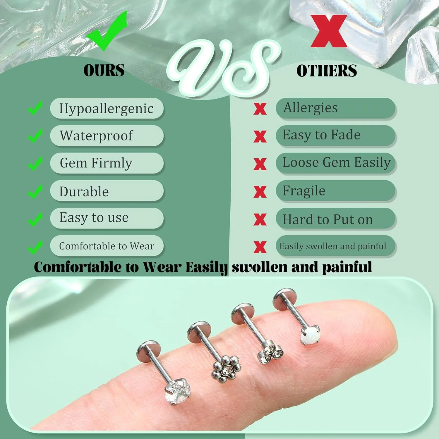 Florideco Threadless Nose Rings Studs for Women Men 316L Surgical Steel Push in Flat Back Stud Earrings CZ Lip Labret Cartilage Earring Medusa Nostril Helix Tragus Piercing Jewelry 20G 18G 16G