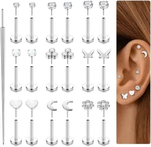 Florideco Threadless Nose Rings Studs for Women Men 316L Surgical Steel Push in Flat Back Stud Earrings CZ Lip Labret Cartilage Earring Medusa Nostril Helix Tragus Piercing Jewelry 20G 18G 16G
