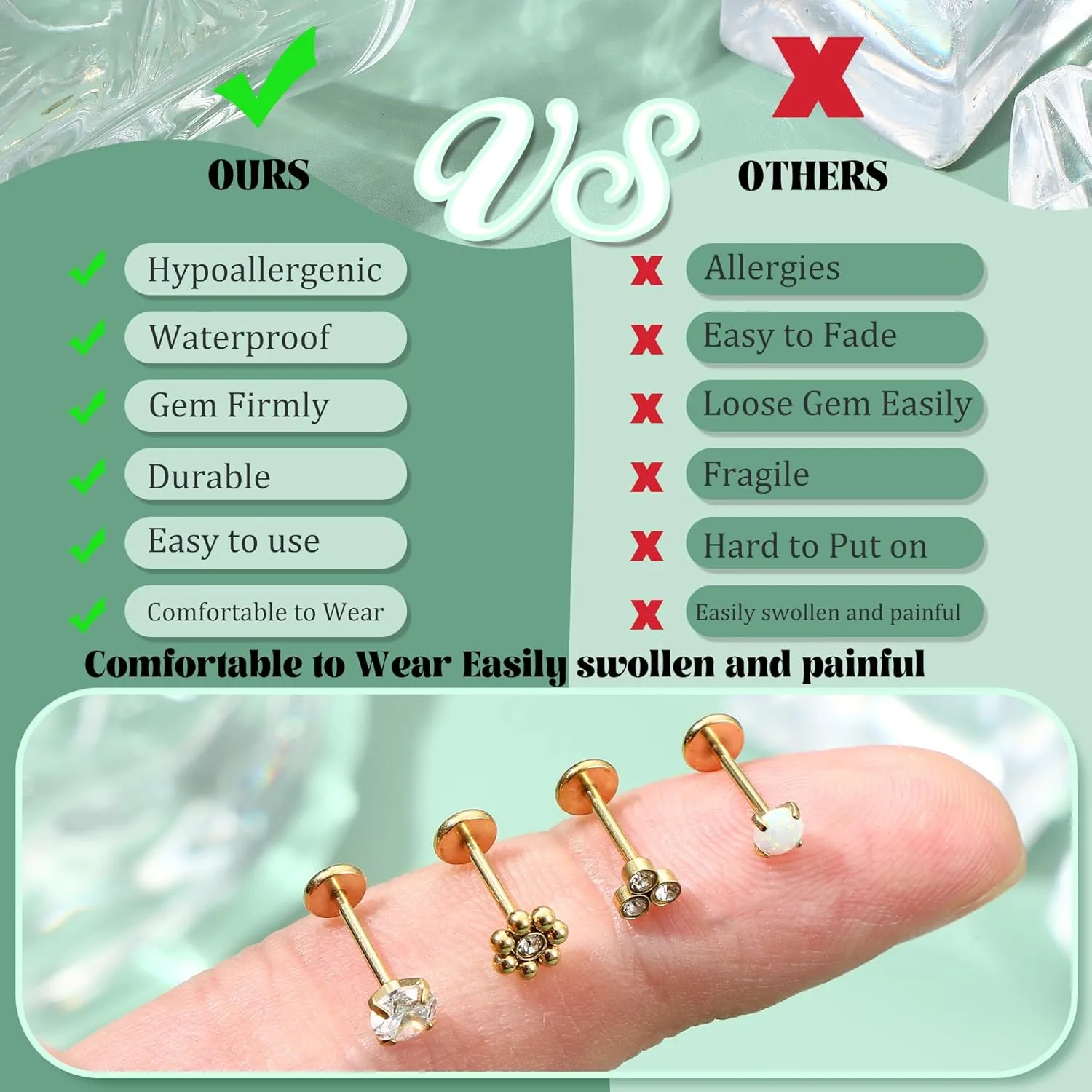 Florideco Threadless Nose Rings Studs for Women Men 316L Surgical Steel Push in Flat Back Stud Earrings CZ Lip Labret Cartilage Earring Medusa Nostril Helix Tragus Piercing Jewelry 20G 18G 16G