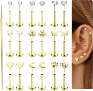 Florideco Threadless Nose Rings Studs for Women Men 316L Surgical Steel Push in Flat Back Stud Earrings CZ Lip Labret Cartilage Earring Medusa Nostril Helix Tragus Piercing Jewelry 20G 18G 16G