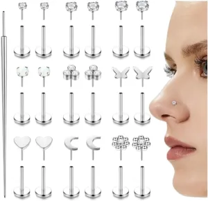 Florideco Threadless Nose Rings Studs for Women Men 316L Surgical Steel Push in Flat Back Stud Earrings CZ Lip Labret Cartilage Earring Medusa Nostril Helix Tragus Piercing Jewelry 20G 18G 16G