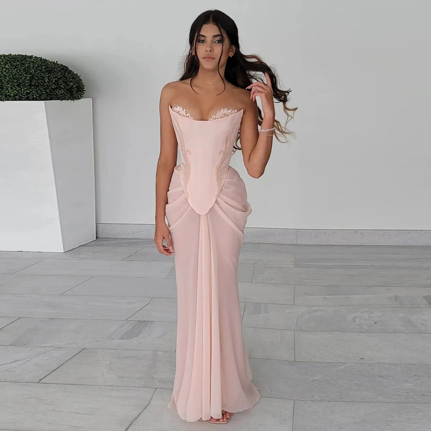 Flytonn- Pink Embellished Corset Draped Mesh Maxi Dress