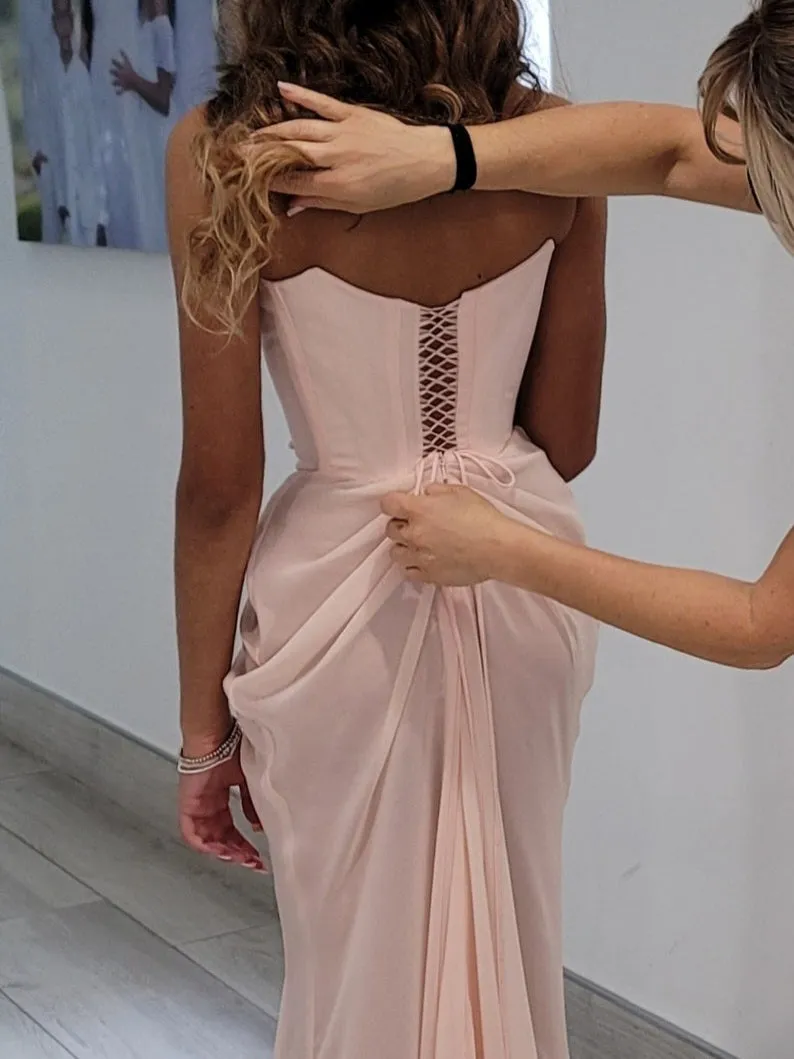 Flytonn- Pink Embellished Corset Draped Mesh Maxi Dress