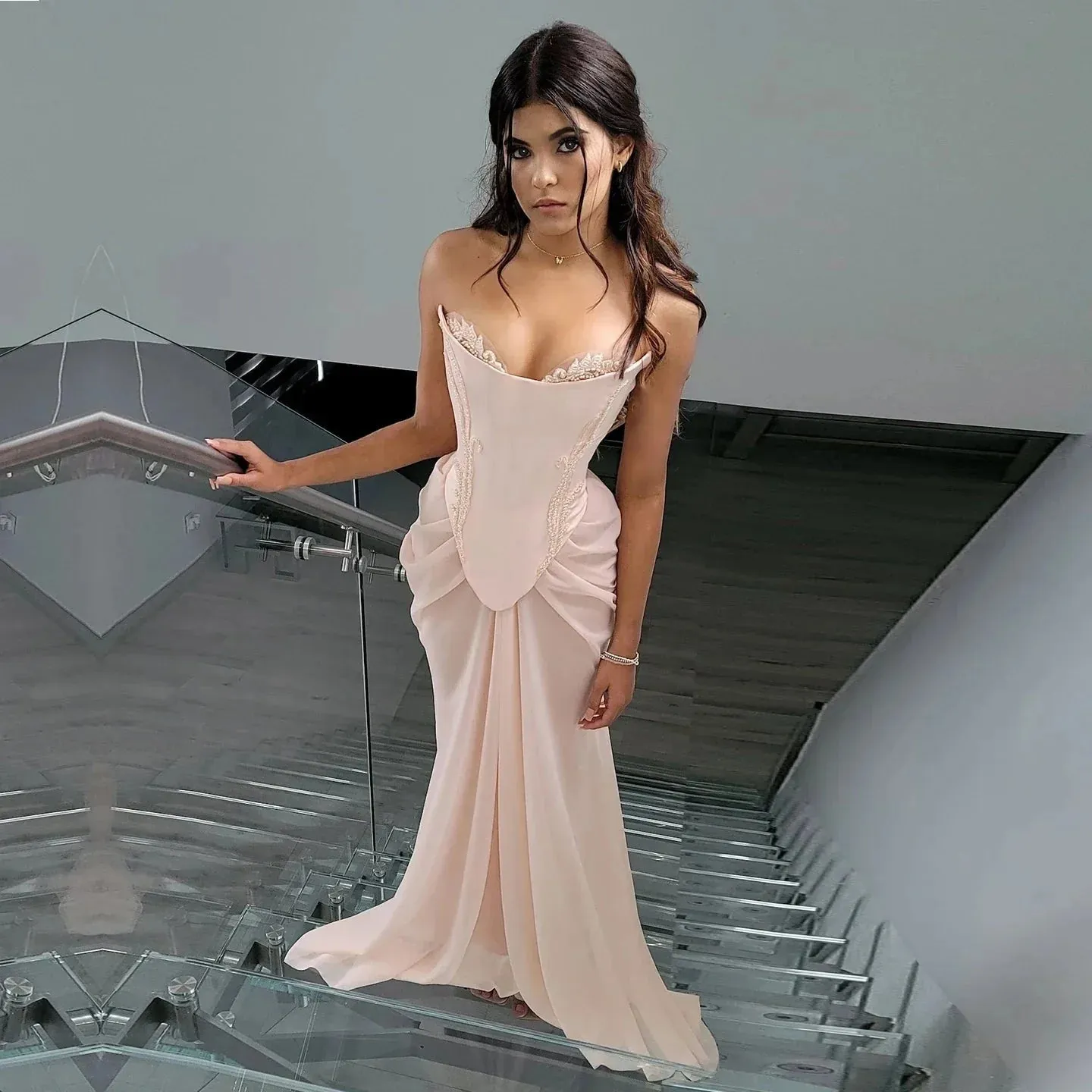 Flytonn- Pink Embellished Corset Draped Mesh Maxi Dress