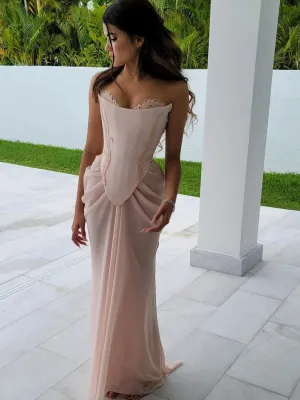 Flytonn- Pink Embellished Corset Draped Mesh Maxi Dress