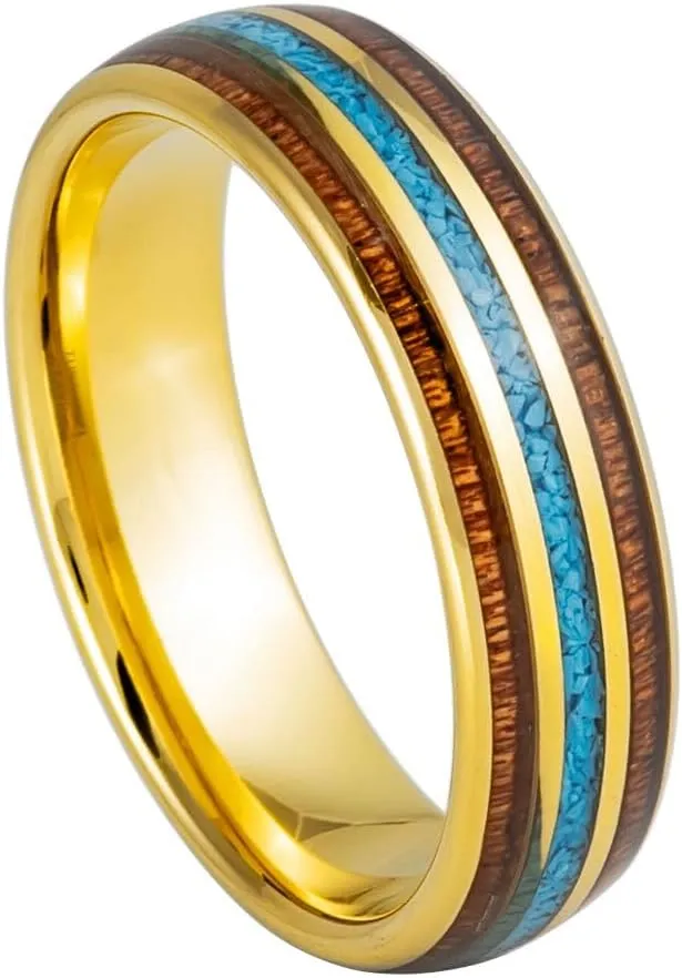 Free Personalized laser engraving Ring for Men and Ring for Women Yellow IP Plated with Rosewood & Crushed Turquoise Inlay - 6mm Wedding Band Ring Ideal Rings for Couples