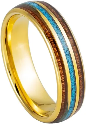 Free Personalized laser engraving Ring for Men and Ring for Women Yellow IP Plated with Rosewood & Crushed Turquoise Inlay - 6mm Wedding Band Ring Ideal Rings for Couples